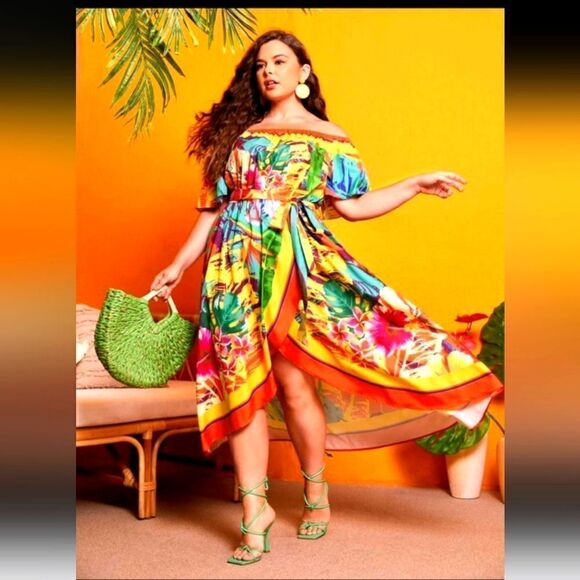 Tropical Off-Shoulder Dress Size 1X - Picture 1 of 4